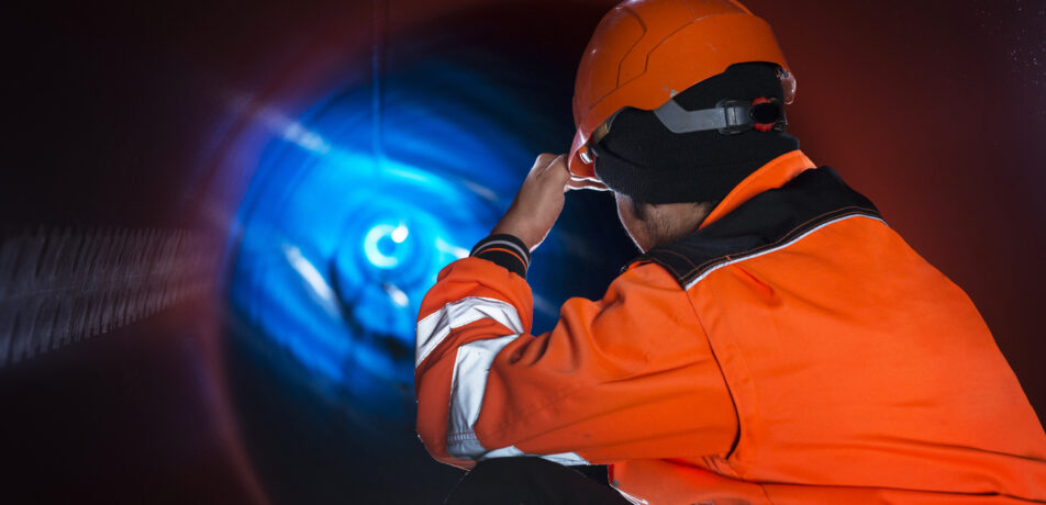 Pipeline construction worker in reflective protective uniform inspecting pipe tube for natural gas distribution.
